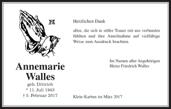 Traueranzeige von Annemarie Walles von Wetterauer Zeitung