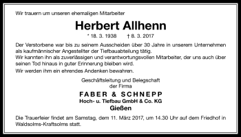 Traueranzeige von Herbert Allhenn von Giessener Allgemeine, Alsfelder Allgemeine