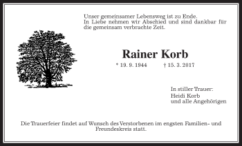 Traueranzeige von Rainer Korb von Wetterauer Zeitung, Wetterauer Zeitung