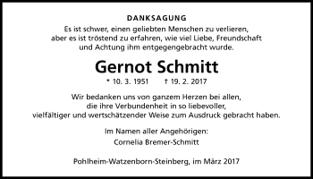 Traueranzeige von Gernot Schmitt von Giessener Allgemeine, Alsfelder Allgemeine