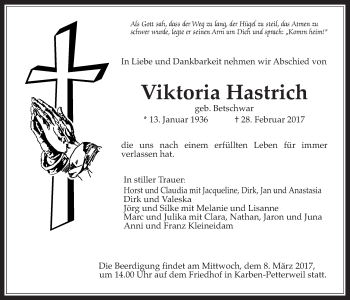 Traueranzeige von Viktoria Hastrich von Wetterauer Zeitung, Wetterauer Zeitung