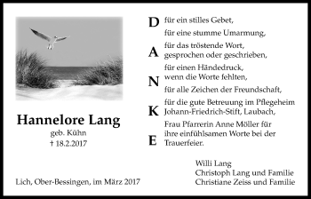 Traueranzeige von Hannelore Lang von Licher Wochenblatt, Licher Wochenblatt, Licher Wochenblatt