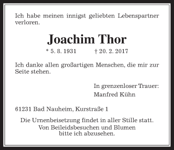 Traueranzeige von Joachim Thor von Wetterauer Zeitung, Wetterauer Zeitung