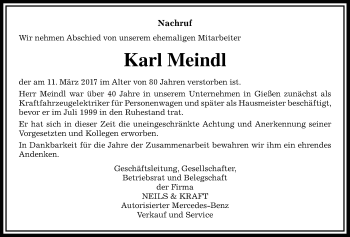 Traueranzeige von Karl Meindl von Giessener Allgemeine, Alsfelder Allgemeine