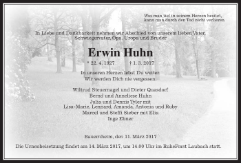 Traueranzeige von Erwin Huhn von Wetterauer Zeitung, Wetterauer Zeitung