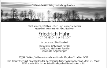Traueranzeige von Friedrich Hahn von Giessener Allgemeine, Alsfelder Allgemeine
