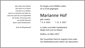 Traueranzeige von Marianne Hof von Giessener Allgemeine, Alsfelder Allgemeine