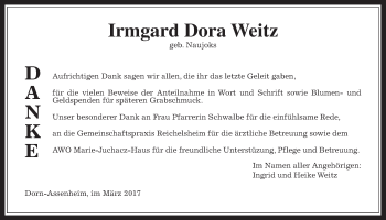 Traueranzeige von Irmgard Dora Weitz von Wetterauer Zeitung, Wetterauer Zeitung
