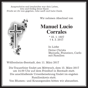 Traueranzeige von Manuel Lucio Corrales von Wetterauer Zeitung, Wetterauer Zeitung