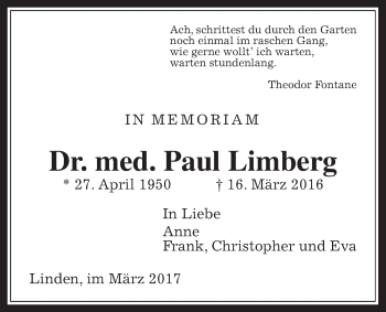 Traueranzeige von Paul Limberg von Giessener Allgemeine, Alsfelder Allgemeine