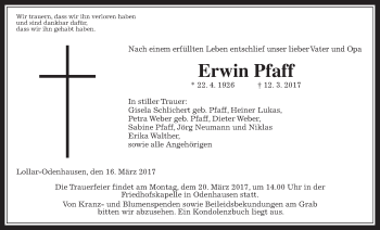 Traueranzeige von Erwin Pfaff von Giessener Allgemeine, Alsfelder Allgemeine