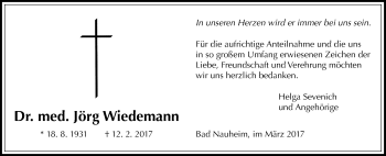 Traueranzeige von Jörg Wiedemann von Wetterauer Zeitung, Wetterauer Zeitung