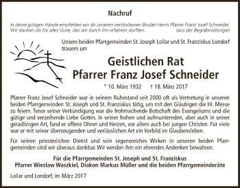 Traueranzeige von Franz Josef Schneider von Giessener Allgemeine, Alsfelder Allgemeine, Wetterauer Zeitung, Wetterauer Zeitung, Giessener Allgemeine, Alsfelder Allgemeine