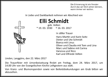 Traueranzeige von Elli Schmidt von Giessener Allgemeine, Alsfelder Allgemeine