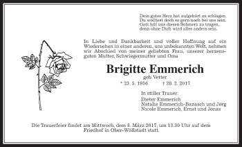 Traueranzeige von Brigitte Emmerich von Wetterauer Zeitung, Wetterauer Zeitung