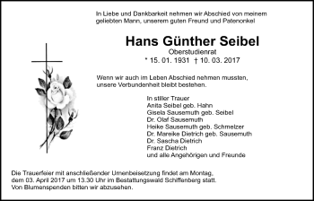 Traueranzeige von Hans Günther Seibel von Giessener Allgemeine, Alsfelder Allgemeine