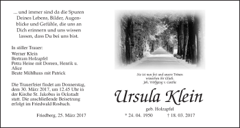 Traueranzeige von Ursula Klein von Wetterauer Zeitung, Wetterauer Zeitung