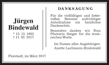 Traueranzeige von Jürgen Bindewald von Wetterauer Zeitung, Wetterauer Zeitung