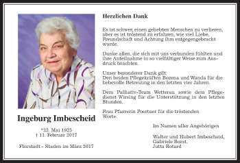 Traueranzeige von Ingeburg Imbescheid von Wetterauer Zeitung, Wetterauer Zeitung