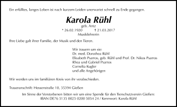 Traueranzeige von Karola Rühl von Giessener Allgemeine, Alsfelder Allgemeine