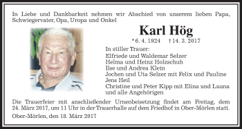 Traueranzeige von Karl Hög von Wetterauer Zeitung, Wetterauer Zeitung
