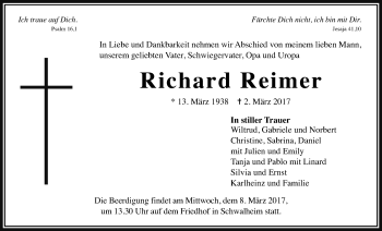 Traueranzeige von Richard Reimer von Wetterauer Zeitung, Wetterauer Zeitung