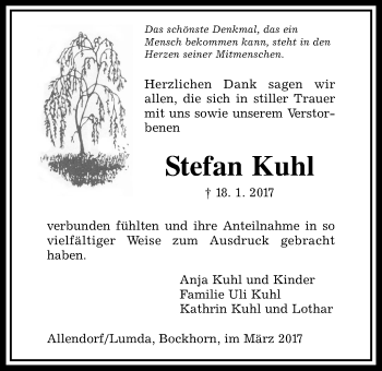 Traueranzeige von Stefan Kuhl von Allendorfer Mitteilungen