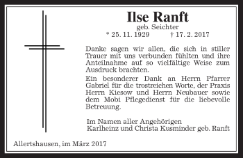 Traueranzeige von Ilse Ranft von Allendorfer Mitteilungen, Rabenauer Zeitung
