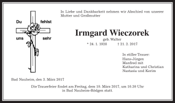 Traueranzeige von Irmgard Wieczorek von Wetterauer Zeitung, Wetterauer Zeitung