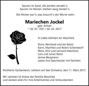 Traueranzeige von Mariechen Jockel von Giessener Allgemeine, Alsfelder Allgemeine