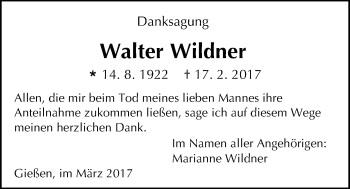 Traueranzeige von Walter Wildner von Giessener Allgemeine, Alsfelder Allgemeine