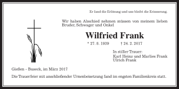 Traueranzeige von Wilfried Frank von Giessener Allgemeine, Alsfelder Allgemeine