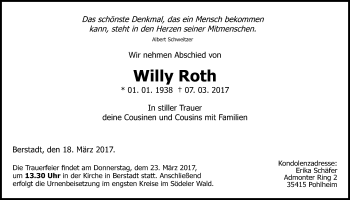 Traueranzeige von Willy Roth von Wetterauer Zeitung, Wetterauer Zeitung