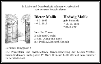 Traueranzeige von Dieter und Hedwig Malik von Wetterauer Zeitung, Wetterauer Zeitung