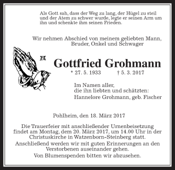 Traueranzeige von Gottfried Grohmann von Giessener Allgemeine, Alsfelder Allgemeine