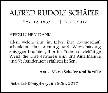 Traueranzeige von Alfred Rudolf Schäfer von Giessener Allgemeine, Alsfelder Allgemeine