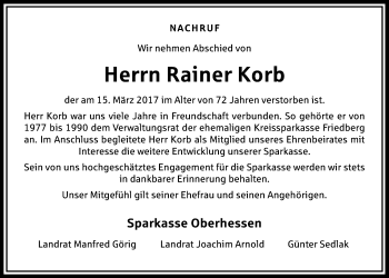 Traueranzeige von Rainer Korb von Wetterauer Zeitung, Wetterauer Zeitung