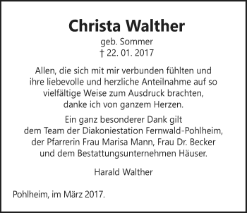 Traueranzeige von Christa Walther von Pohlheimer Nachrichten