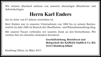 Traueranzeige von Karl Enders von Alsfelder Allgemeine