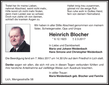 Traueranzeige von Heinrich Blocher von Licher Wochenblatt, Licher Wochenblatt, Licher Wochenblatt