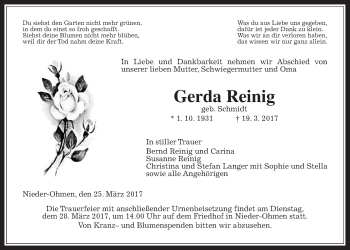 Traueranzeige von Gerda Reinig von Alsfelder Allgemeine