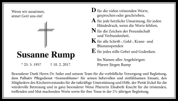 Traueranzeige von Susanne Rump von Wetterauer Zeitung, Wetterauer Zeitung