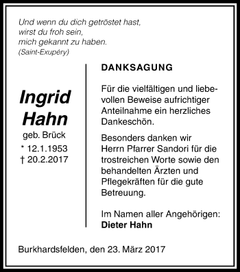 Traueranzeige von Ingrid Hahn von Licher Wochenblatt, Licher Wochenblatt, Licher Wochenblatt
