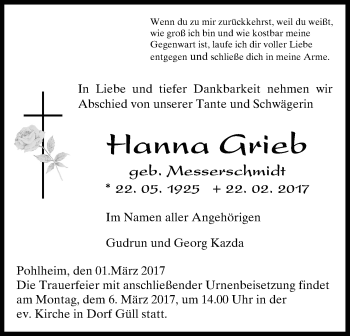 Traueranzeige von Hanna Grieb von Giessener Allgemeine, Alsfelder Allgemeine