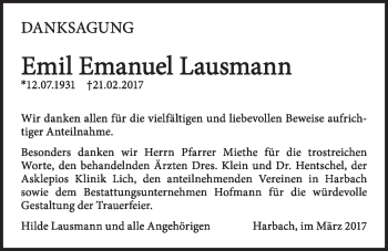 Traueranzeige von Emil Emanuel Lausmann von Giessener Allgemeine, Alsfelder Allgemeine