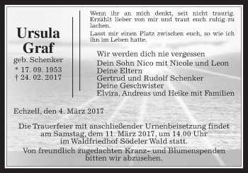 Traueranzeige von Ursula Graf von Wetterauer Zeitung, Wetterauer Zeitung