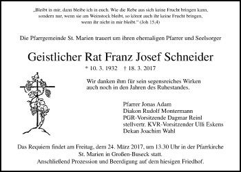 Traueranzeige von Franz Josef Schneider von Giessener Allgemeine, Alsfelder Allgemeine