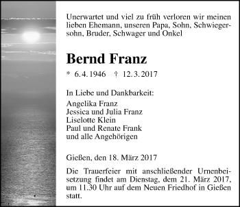 Traueranzeige von Bernd Franz von Giessener Allgemeine, Alsfelder Allgemeine