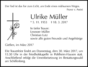 Traueranzeige von Ulrike Müller von Giessener Allgemeine, Alsfelder Allgemeine