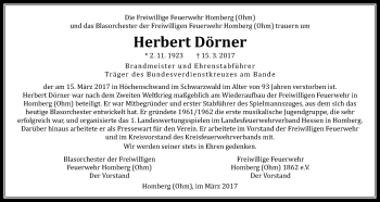 Traueranzeige von Herbert Dörner von Alsfelder Allgemeine